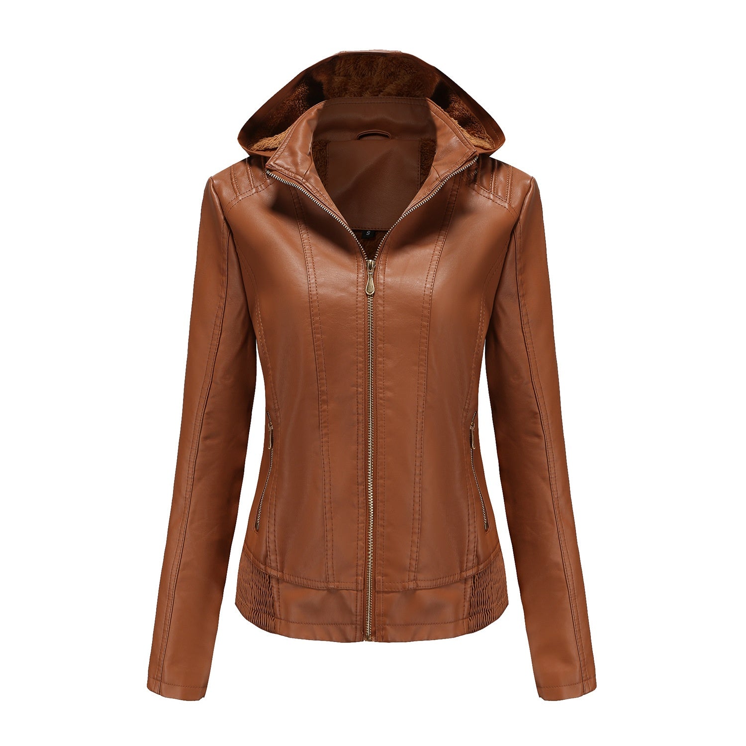 Women's Clothing Fleece-lined Thickened Leather Coat Hooded