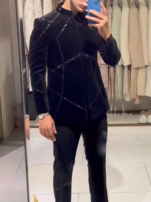 Chic Black Structured Jacket With Contrast Geometric Accents