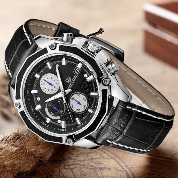 Men's multi-function leather watch