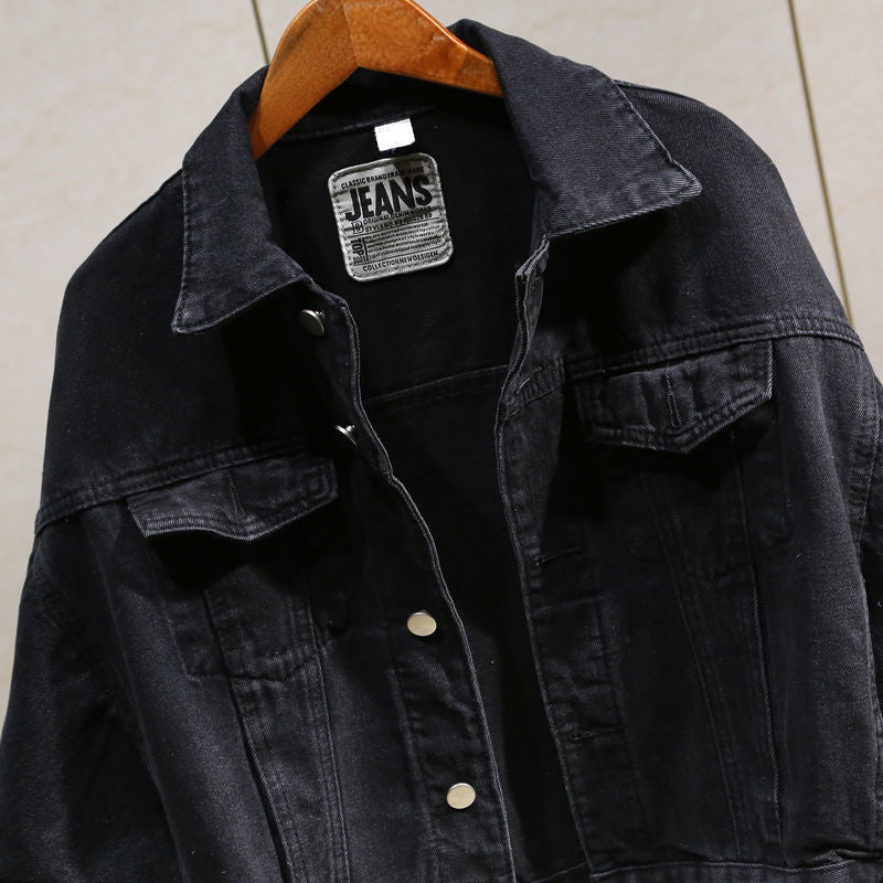 Spring And Autumn Korean Style Loose Denim Jacket Women's All-matching Batwing Sleeve Black