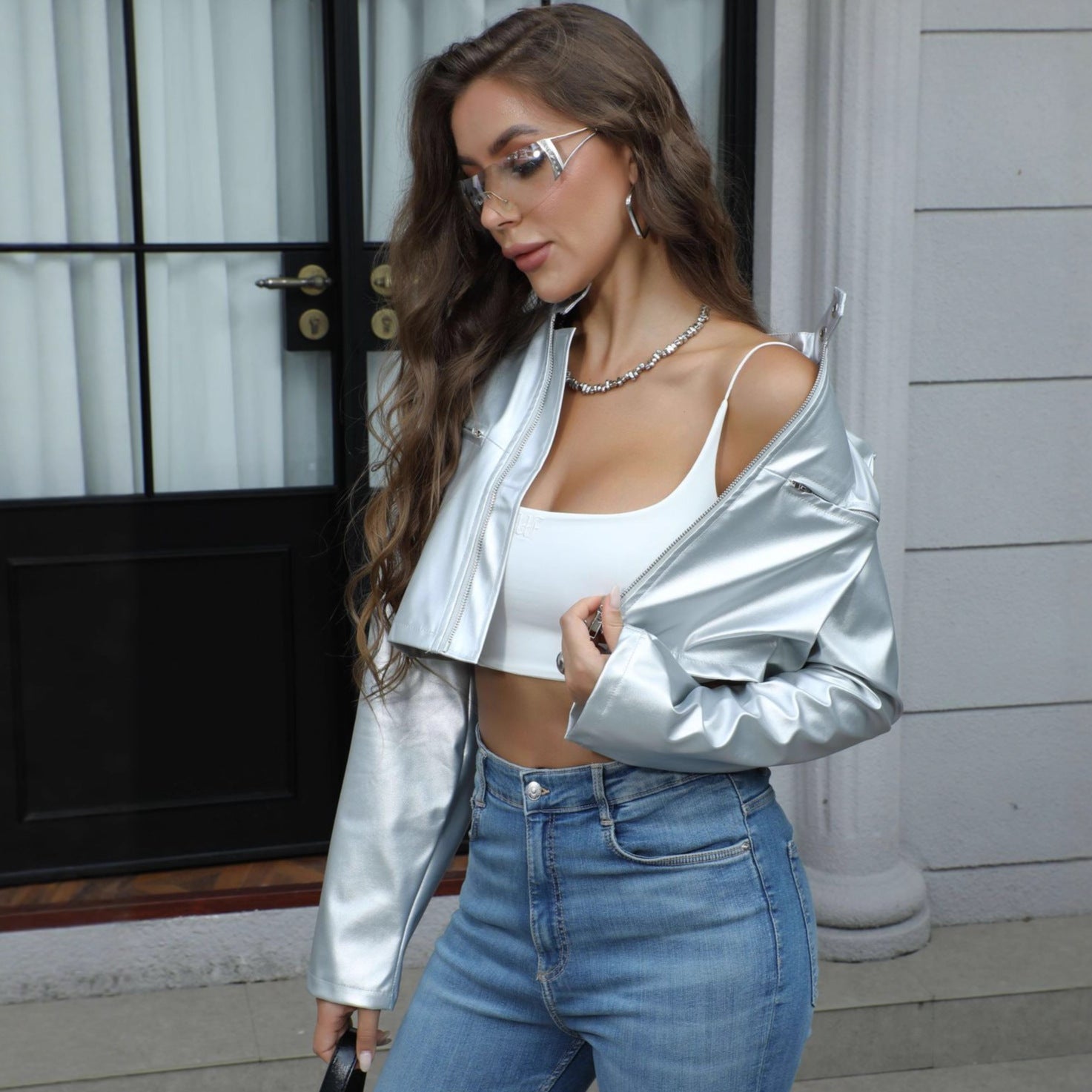 Women's Fashion Metallic Stand-collar Zipper Jacket