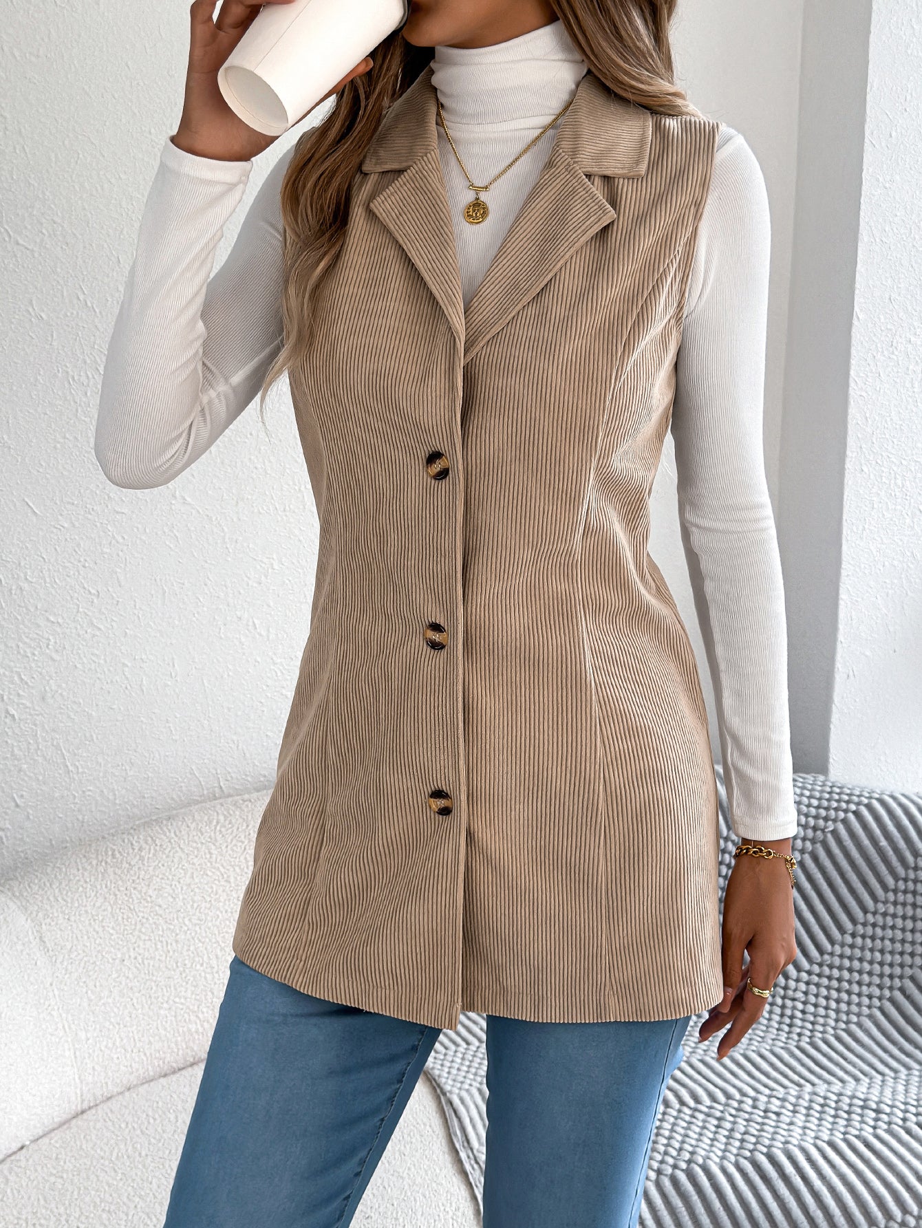 Women's Casual Single-Breasted Blazer Lapel Corduroy Vest Jacket