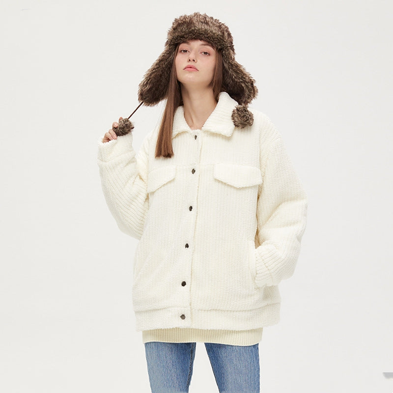 Vertical Striped Lamb Wool Cotton Coat With Solid Color Couple's Top