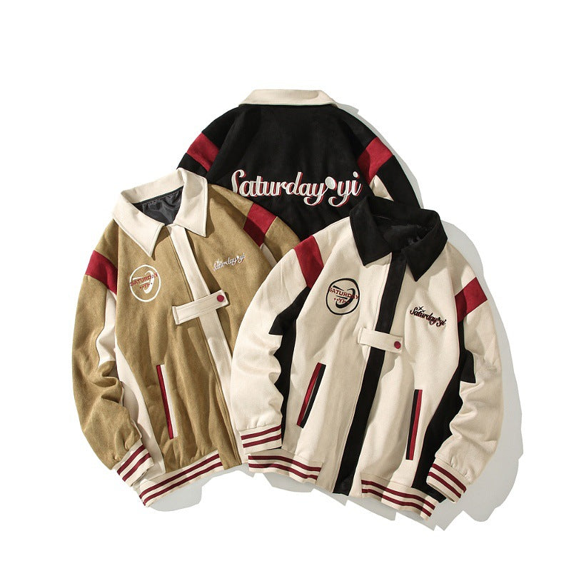 American Retro Color Block Embroidery Turn-down Collar Coat