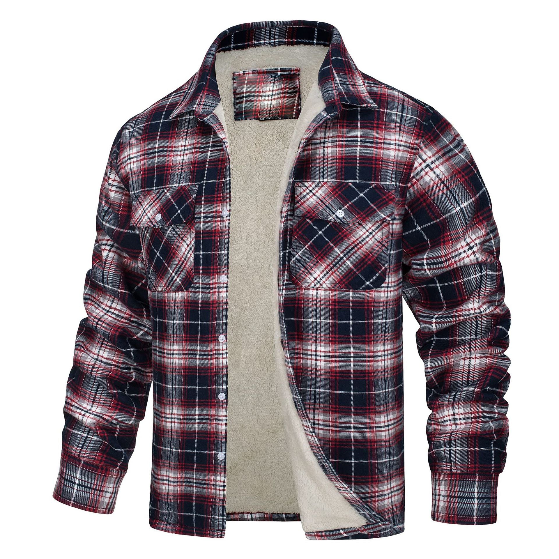 Men's Long Sleeve Lapel Plaid Thickened Shirt Jacket