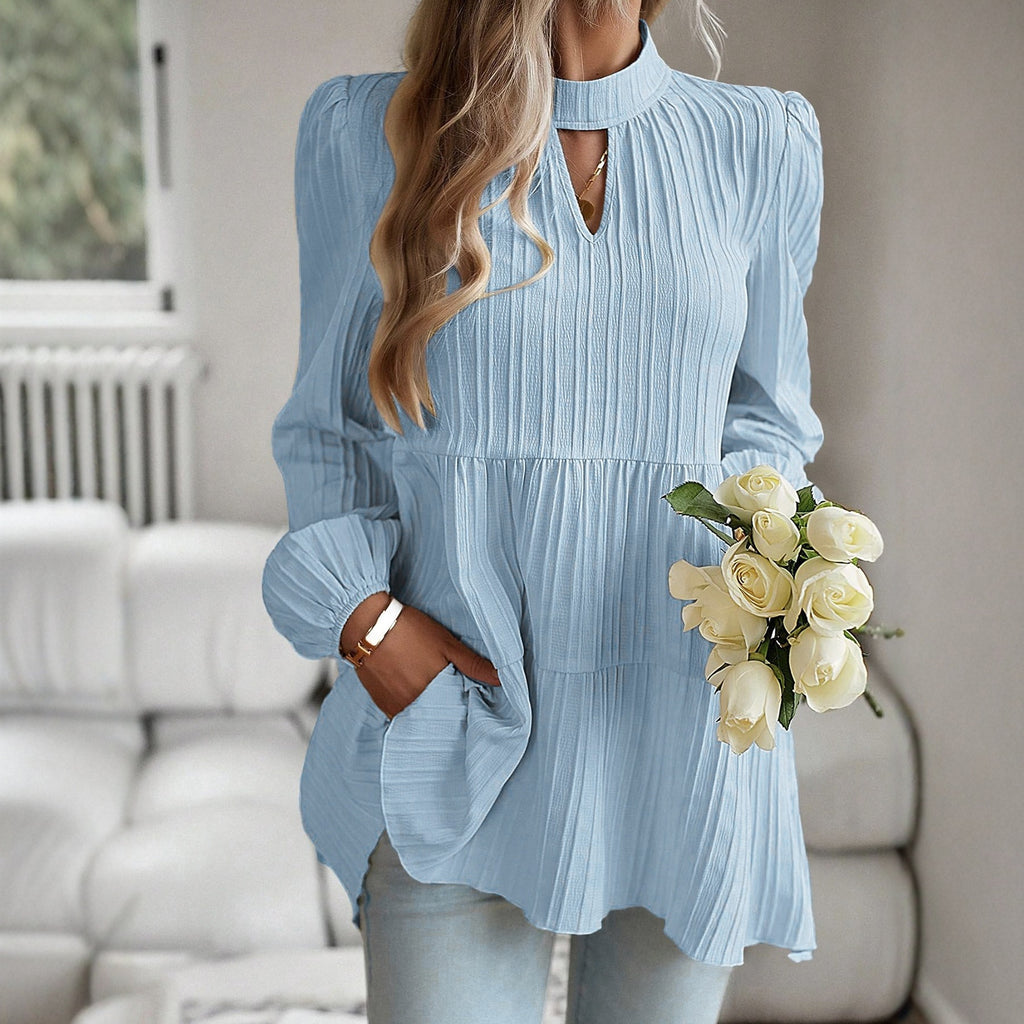 Women's Puff-sleeve A-line Solid-color Long-sleeve Shirt
