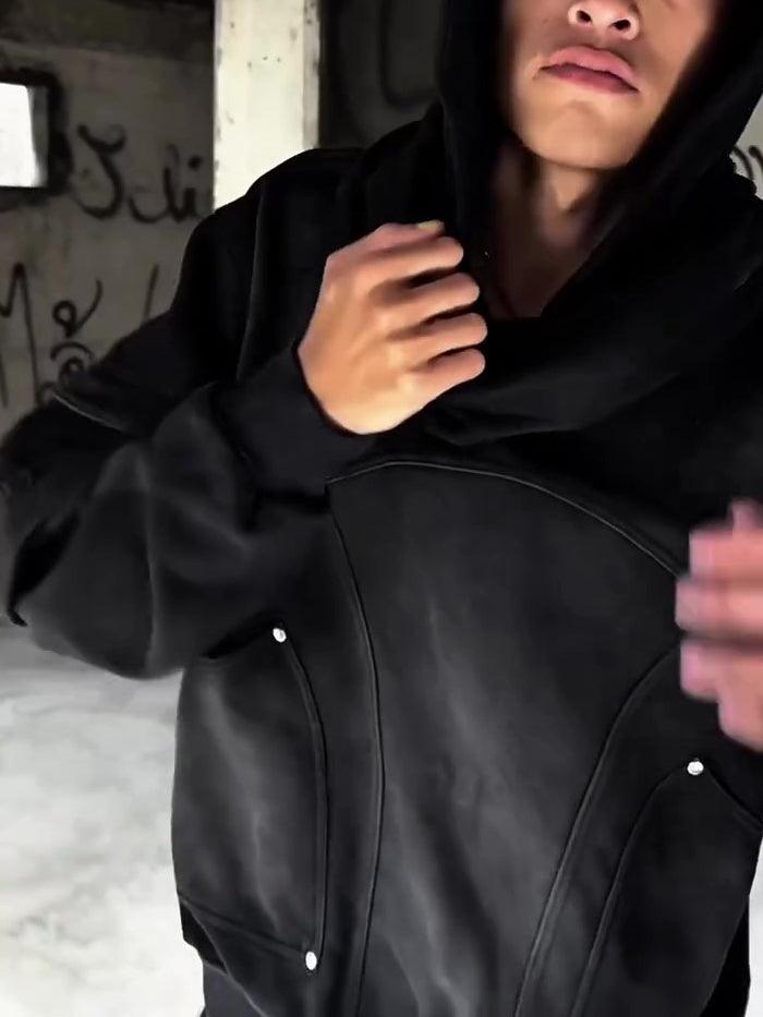 Black Structural Panel Cropped Hoodie