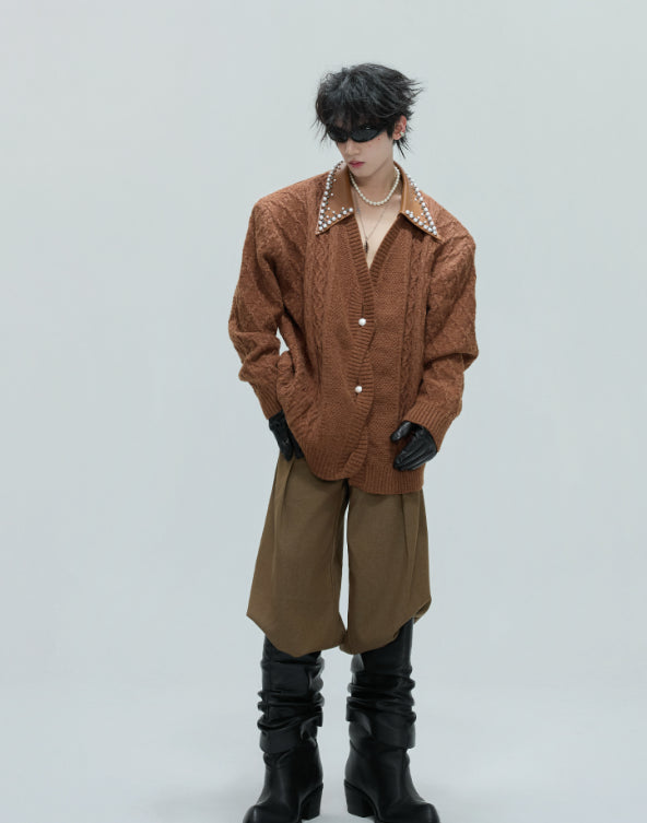 Vintage Handmade Pearl Padded Lapel Knitted Cardigan