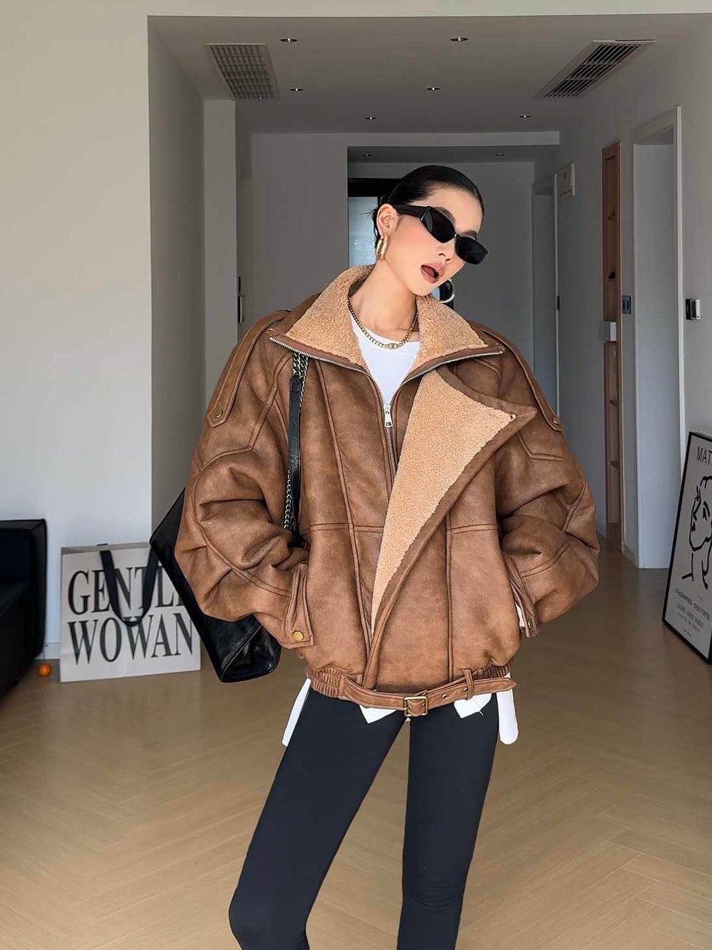 Retro Motorcycle Clothing Lapel With Velvet Thickened Fur Jacket