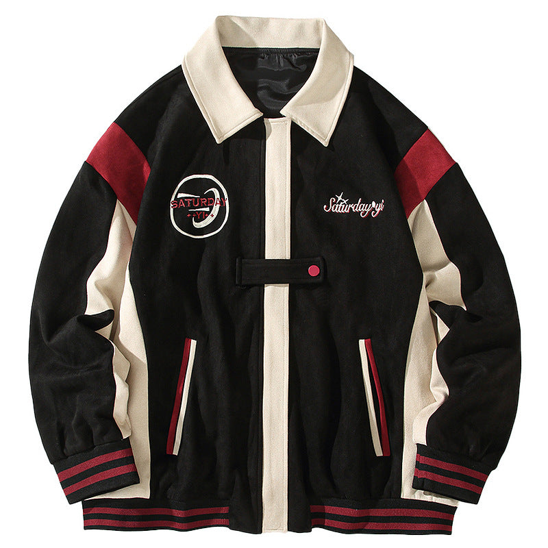 American Retro Color Block Embroidery Turn-down Collar Coat