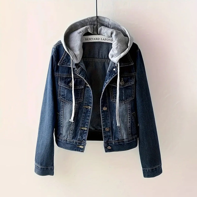 Plus Size Women's Denim Short Jacket, Hooded Cropped Zip-Up Coat With Pockets For Street Style Layering