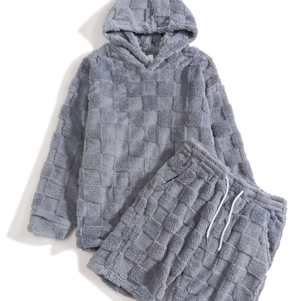 Men's Slim-fit Crew-neck Long-sleeve Shorts Plaid Two-piece Set