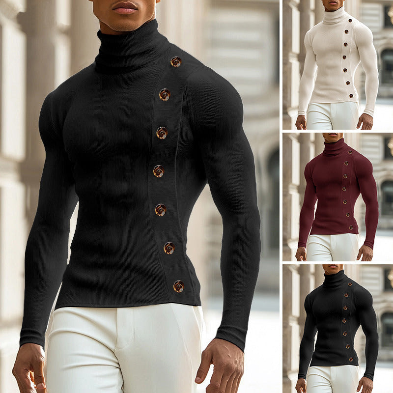 European And American Men Casual Sweater Turtleneck Buttons Solid Color Long Sleeve