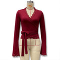 Valentine's Day Women's Solid-Color V-Neck Lace-trimmed Lace-up Long-Sleeve Top