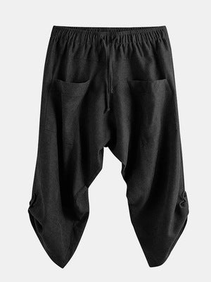 Chinese Style Cotton And Linen Baggy Men's Loose Cropped Pants With Printed Ankle Cuffs