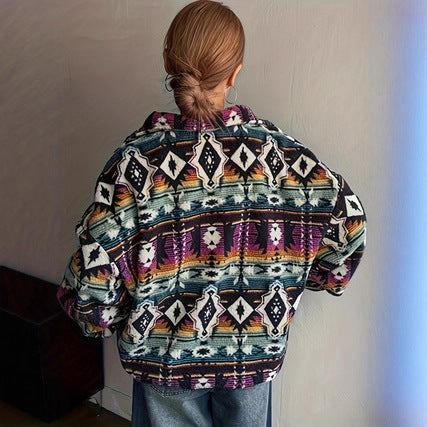 Ethnic-style Printed Fleece Zip-up Jacket For Warmth