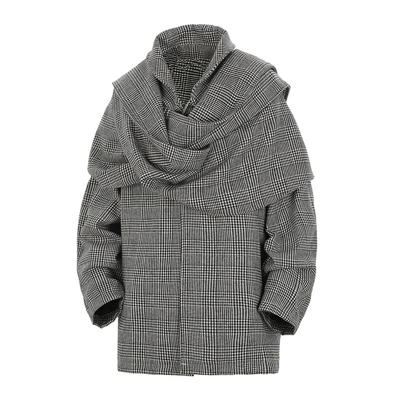 Double-shoulder Scarf Woolen Coat Men's Loose Casual Houndstooth Top Fashion