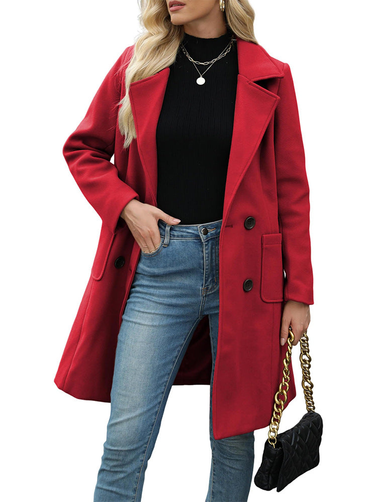 Winter Korean Style Slim Mid-length Double Breasted Turn-down Collar Coat