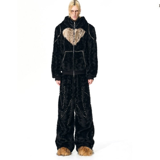 Color-blocked Heart-patterned Thick Faux Fur Hooded Jacket