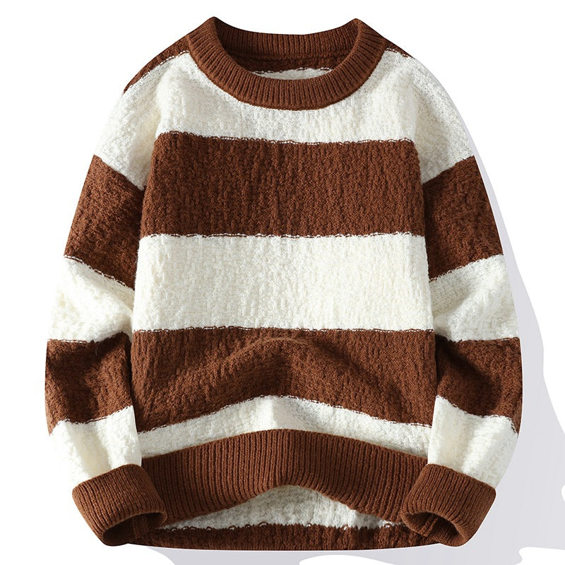 Winter Contrast Color Striped Round Neck Sweater Men