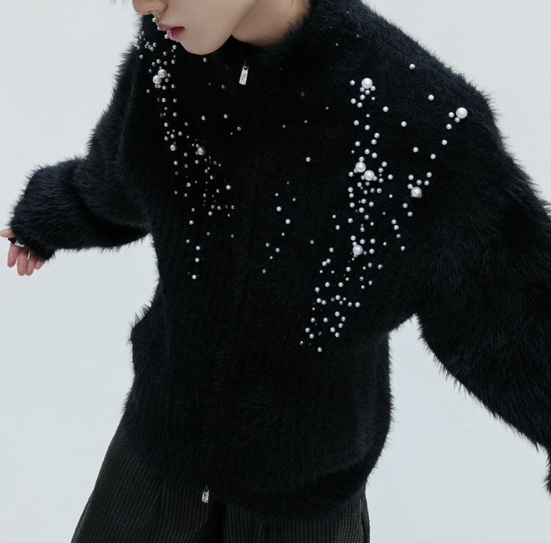 Turtleneck Plush Pearl Embellished Sweater Cardigan