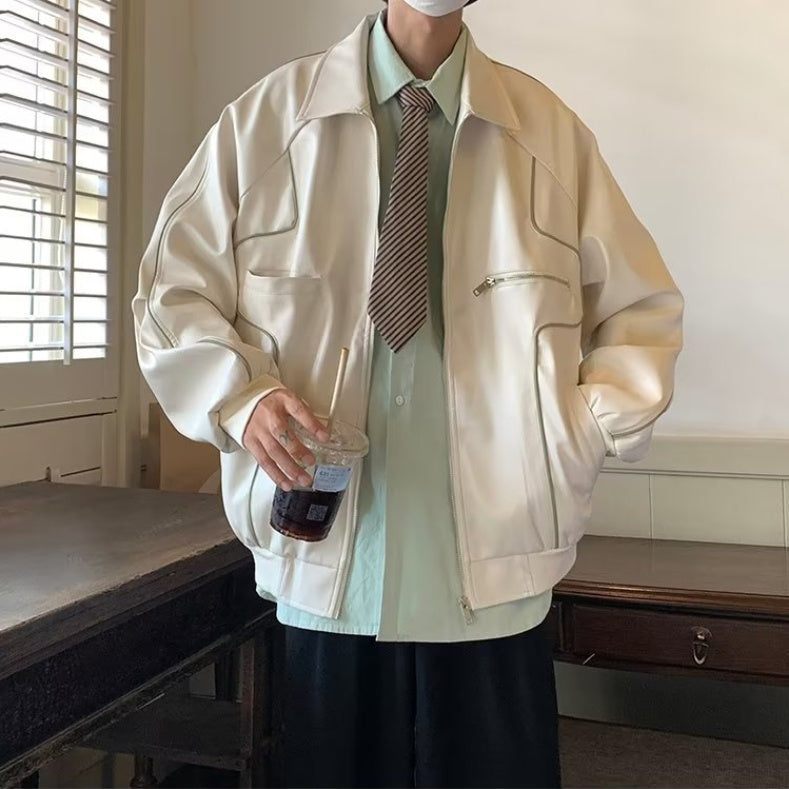 Men's Temperament Zipper Fashion Lapel Leather Coat