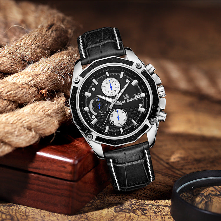Men's multi-function leather watch