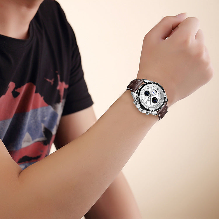 Men's multi-function leather watch