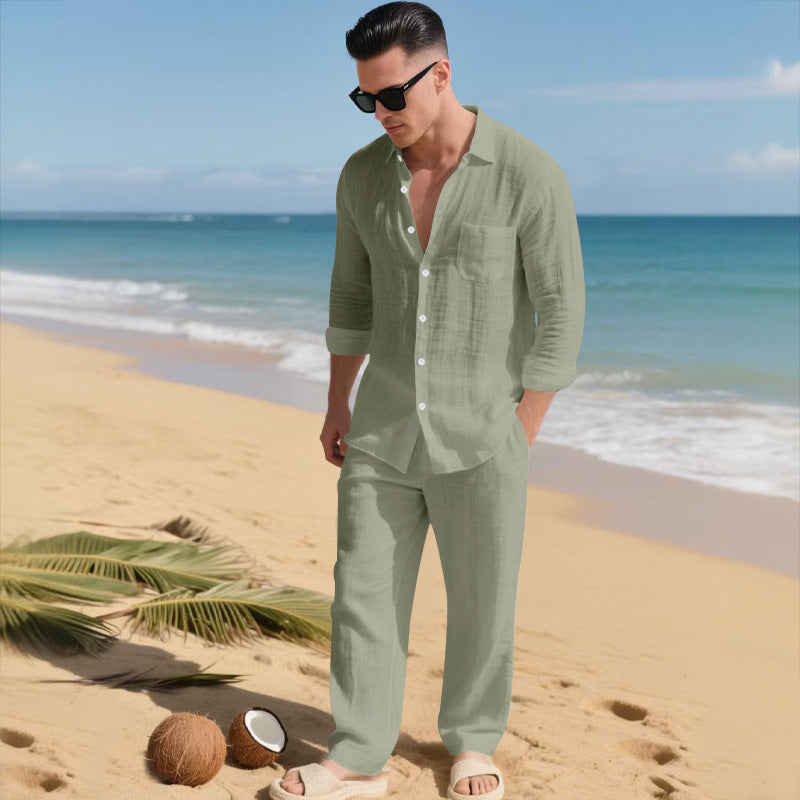 Beach Leisure Loose Collar Shirt Long Sleeve Pants Set