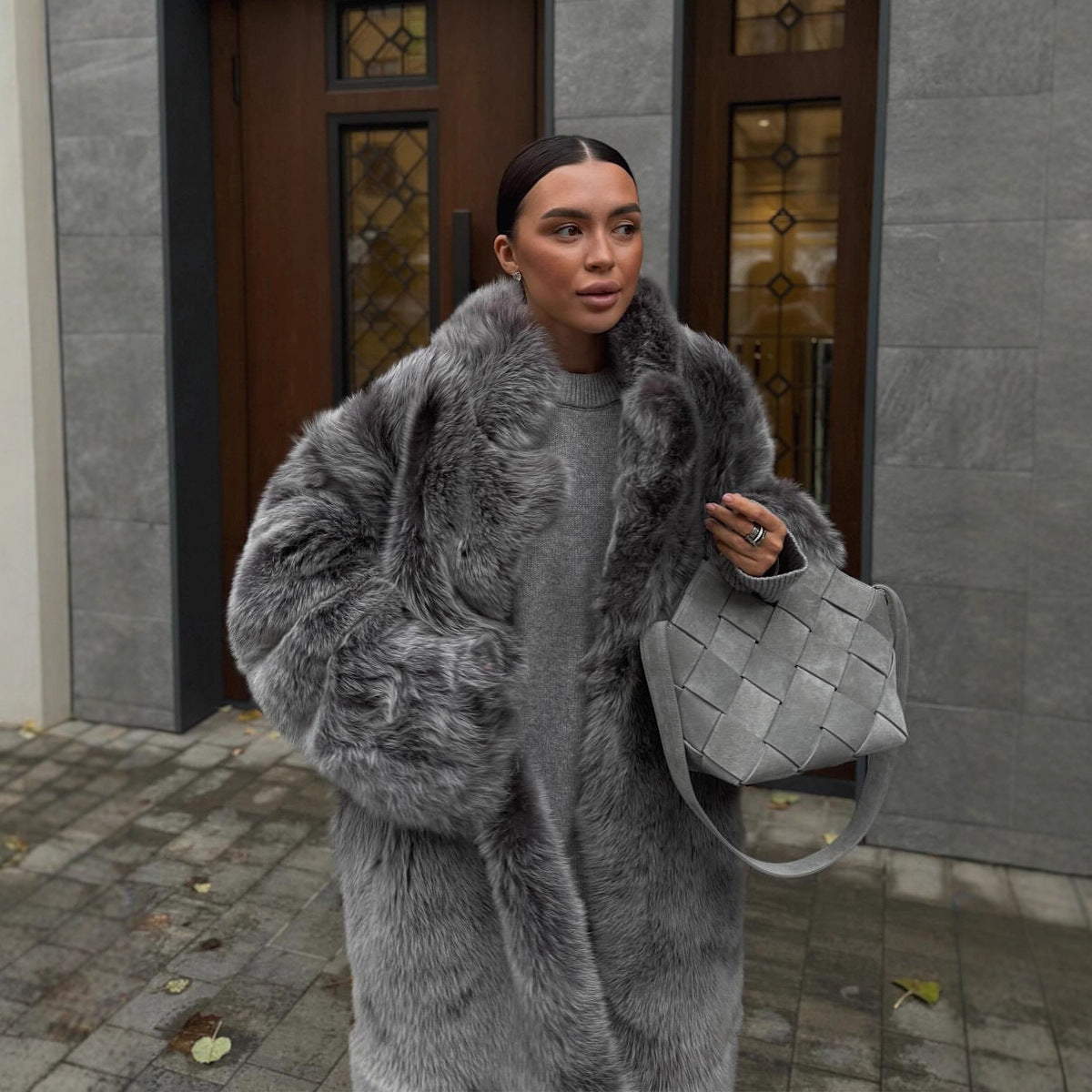 Women's Black And White Two-color Artificial Wool Coat