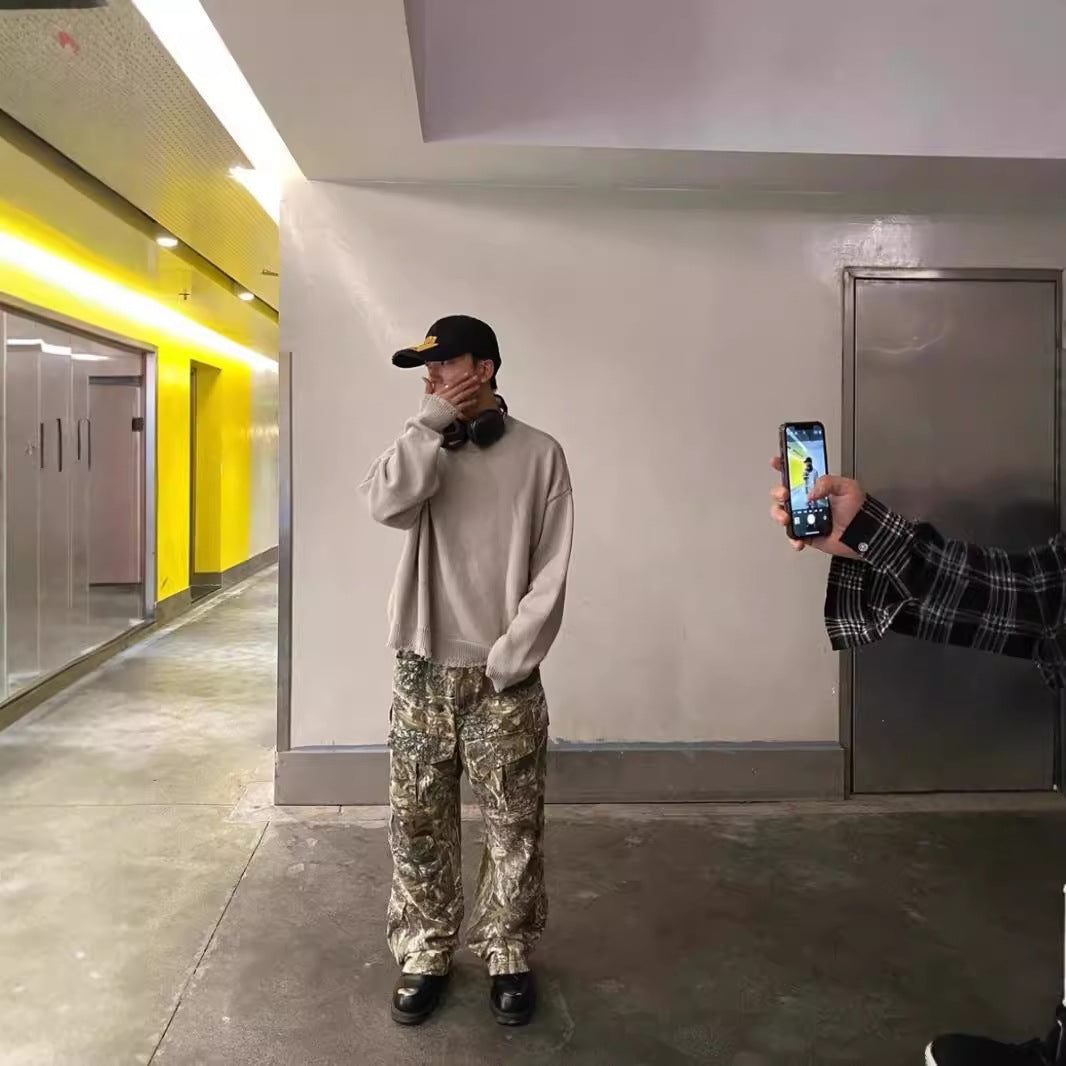 Distressed Camouflage Pants Wide Leg Loose Straight Cargo Pants