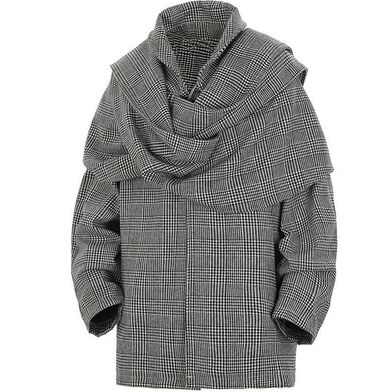 Double-shoulder Scarf Woolen Coat Men's Loose Casual Houndstooth Top Fashion