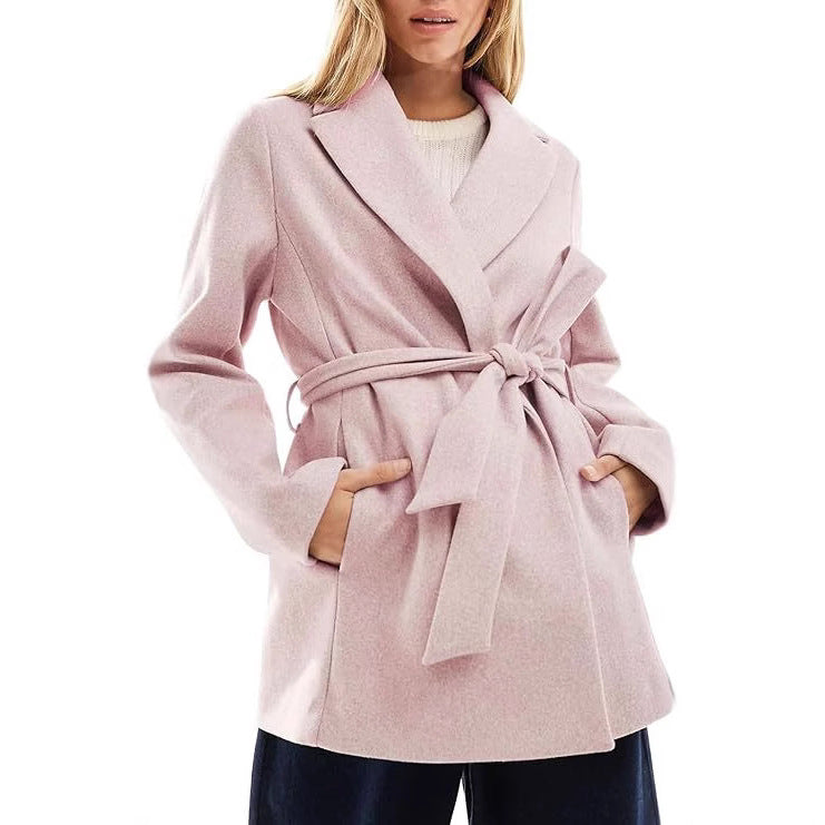Women's Fashion Belt Notched Lapel Pea Coat