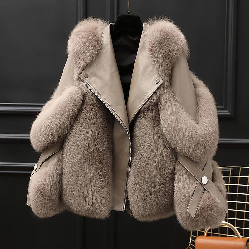 One-piece Fur Motorcycle Coat Long Wool Coat