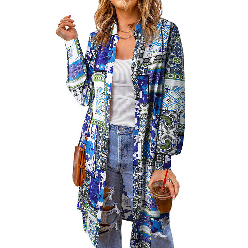 Bohemian Shirt Lapel Loose Casual Printed Long Cardigan