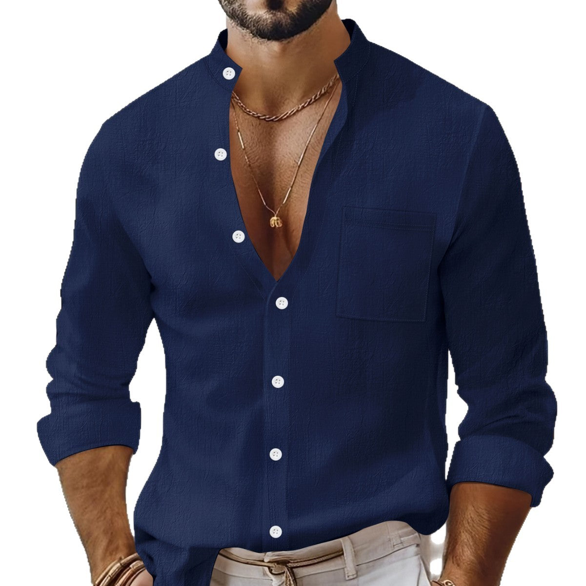 Solid-color Cotton-linen Shirt, Mandarin-collar Cardigan, Long-sleeve Business-casual Shirt