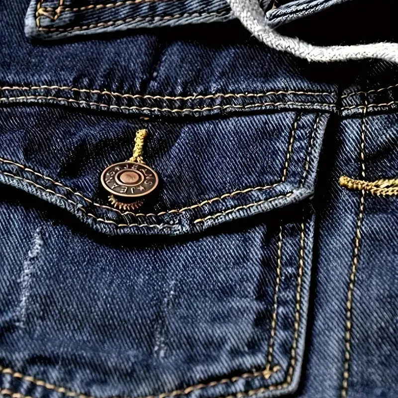 Plus Size Women's Denim Short Jacket, Hooded Cropped Zip-Up Coat With Pockets For Street Style Layering