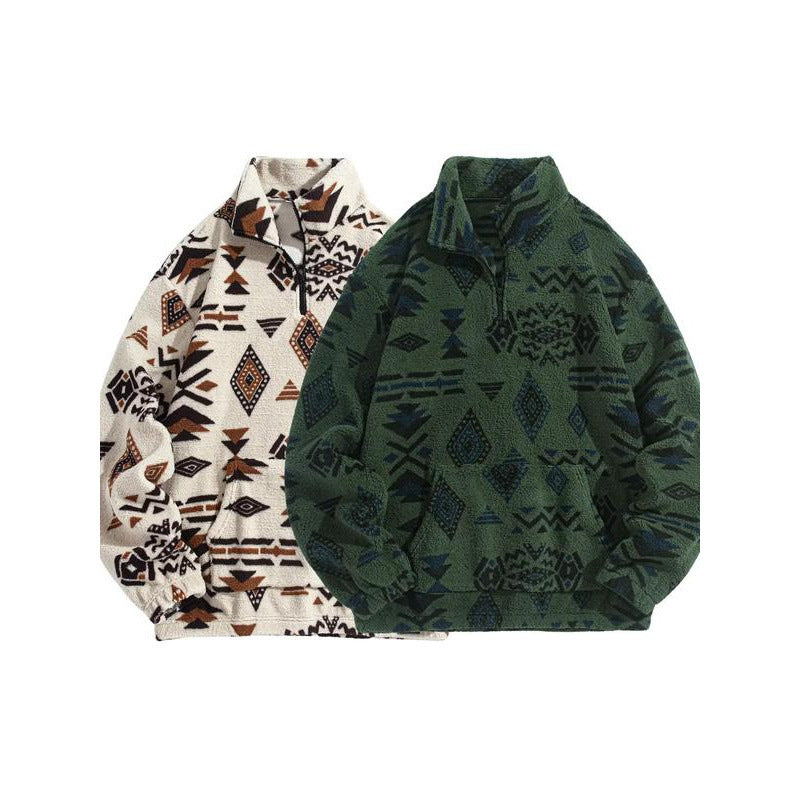 Men's Ethnic-pattern Zip-up Plush Hoodie