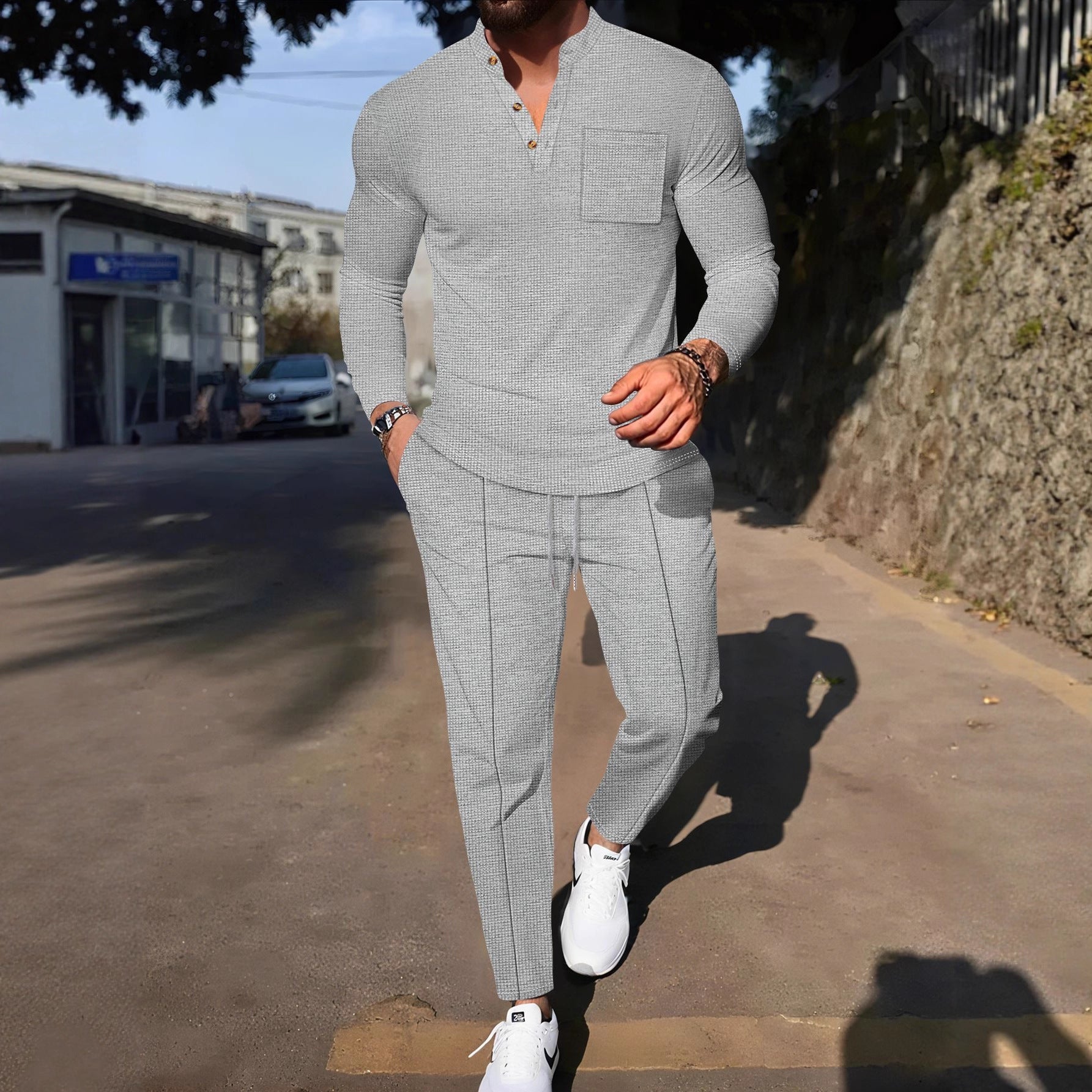 Men's Waffle Henley Neck Pants Long Sleeve T-Shirt Casual Set