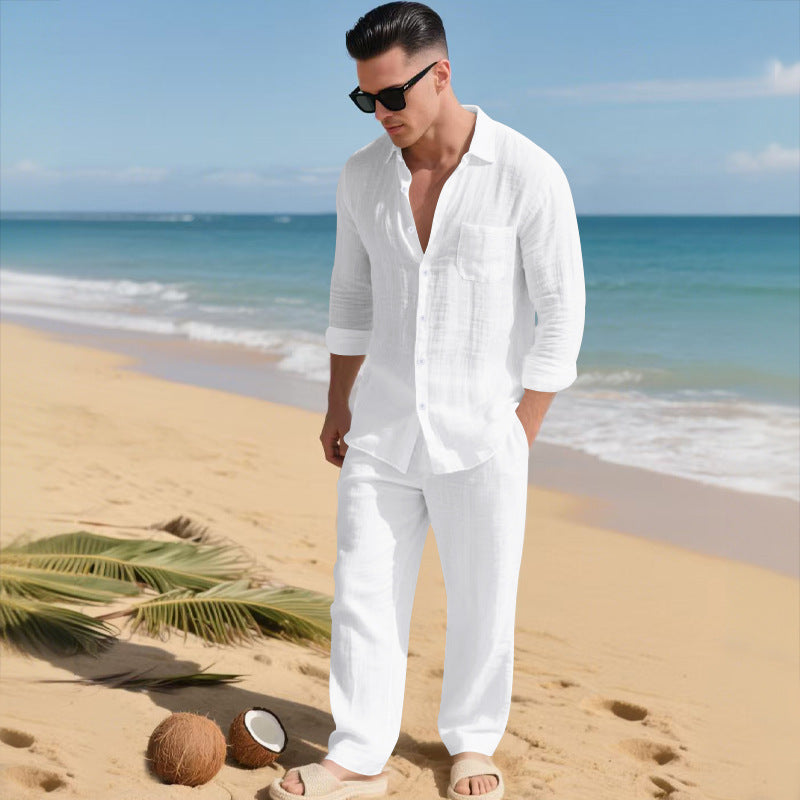 Beach Leisure Loose Collar Shirt Long Sleeve Pants Set