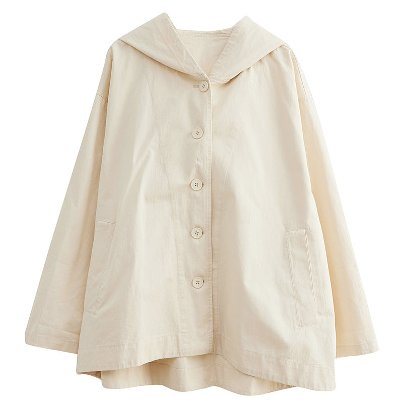 Hooded Loose Coat Women Retro Khaki Casual Cotton Artistic Stitching Women