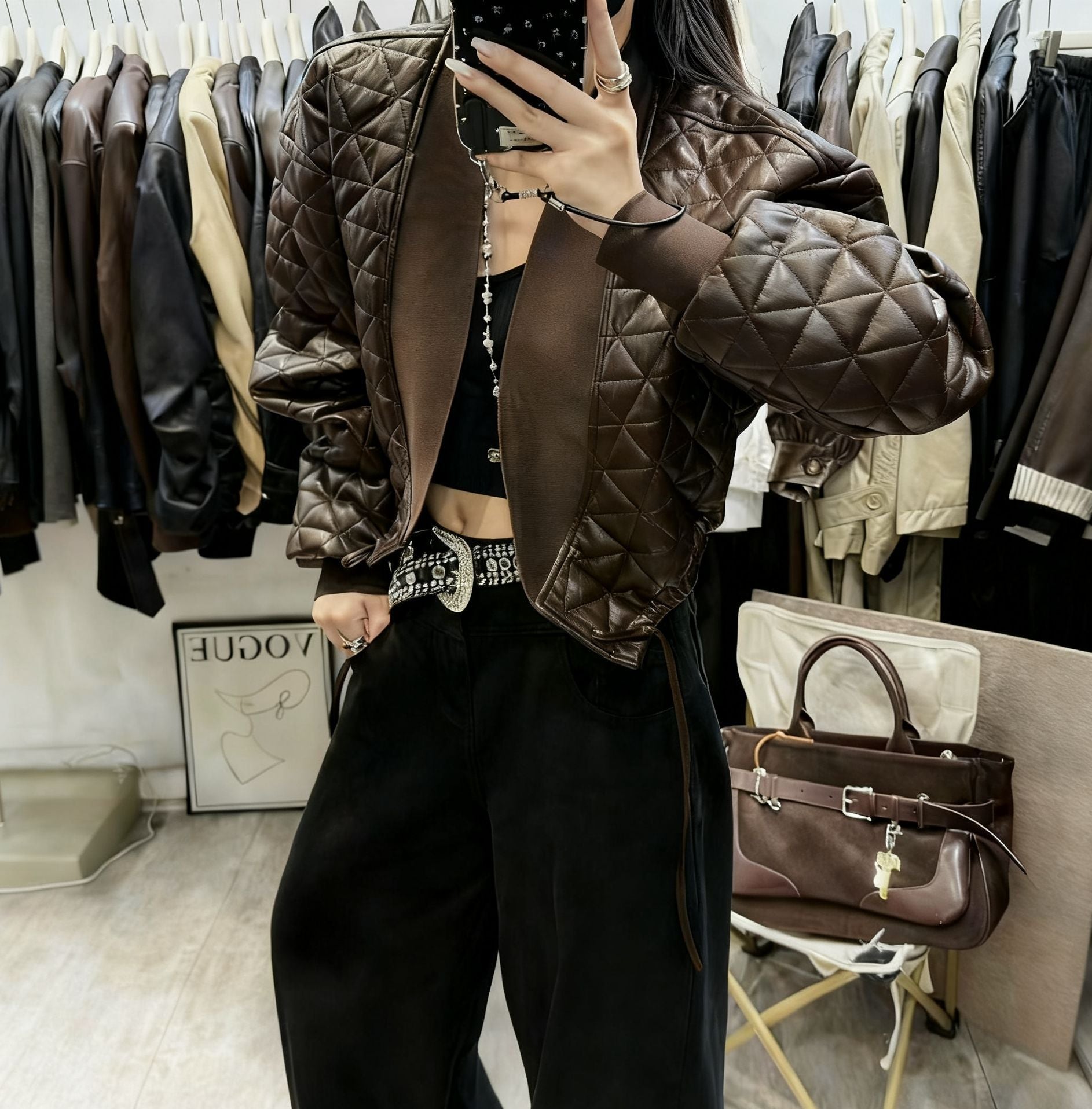 Temperament Long-sleeve Plaid Loose Cotton-padded PU Leather Jacket