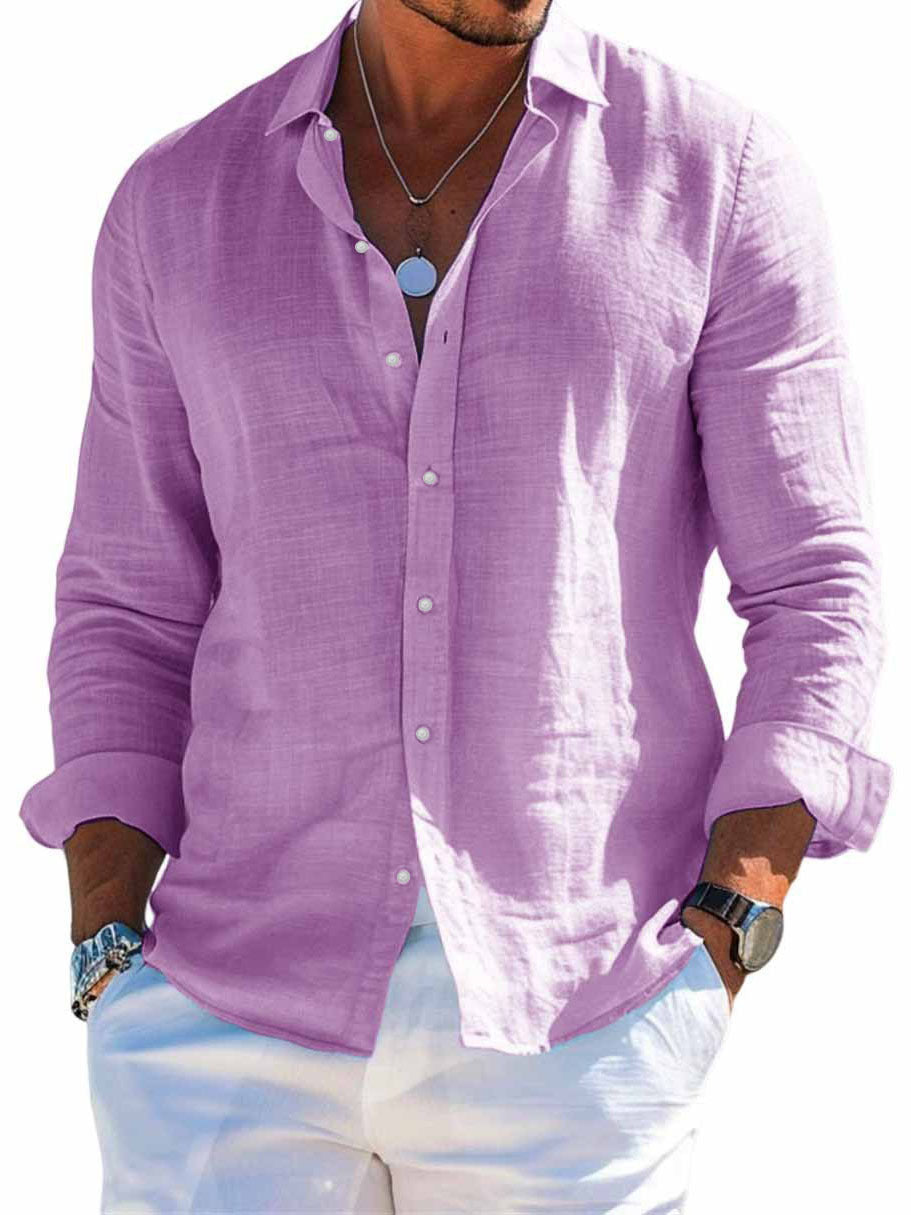 Men's Solid-Colored Lapel Beach Long-Sleeve Shirt