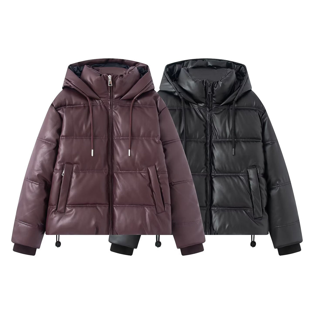 Thickened Warm Hooded Faux Leather Padded Cotton Coat For Women