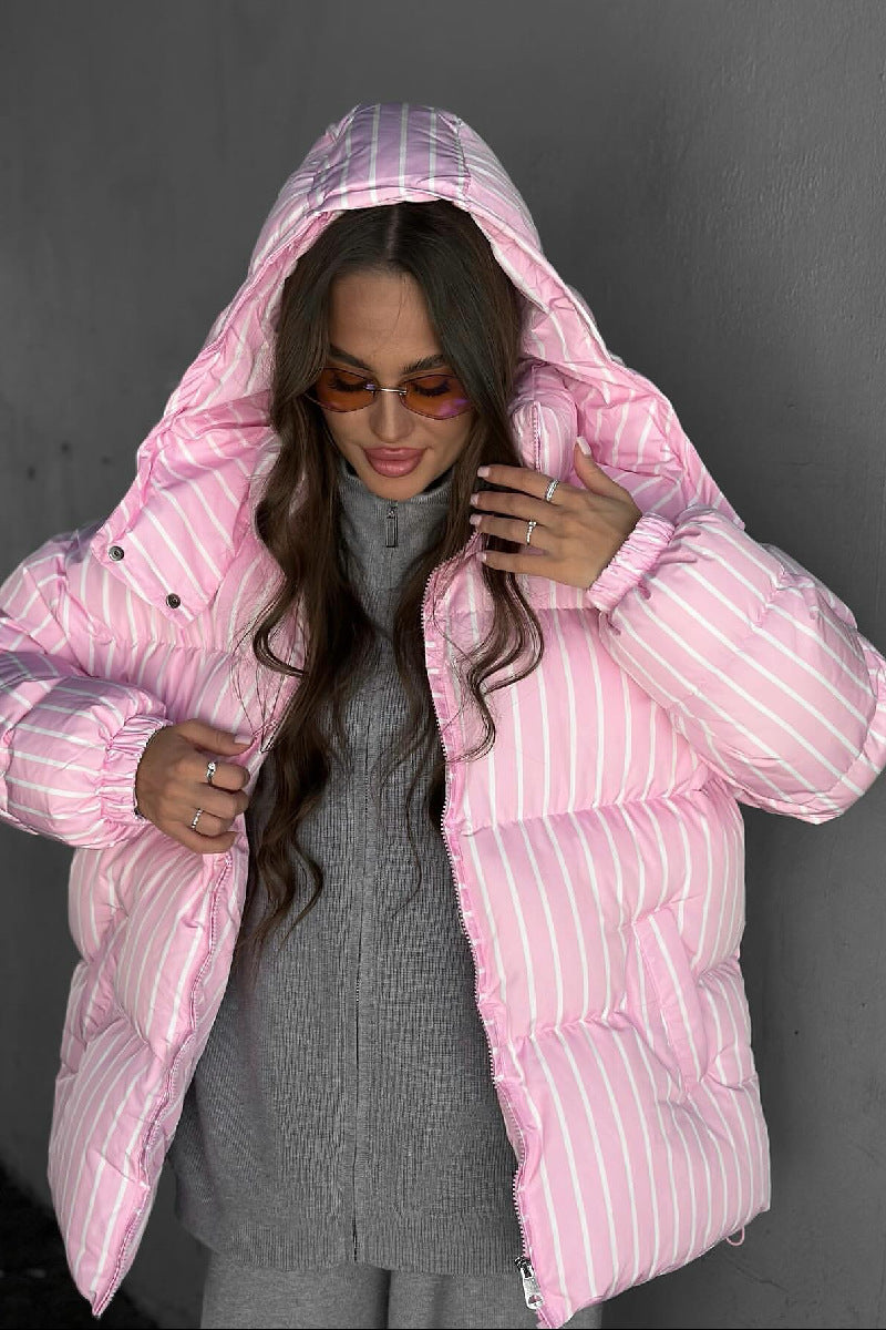 Warm Stand Collar Striped Hooded Cotton Coat Jacket