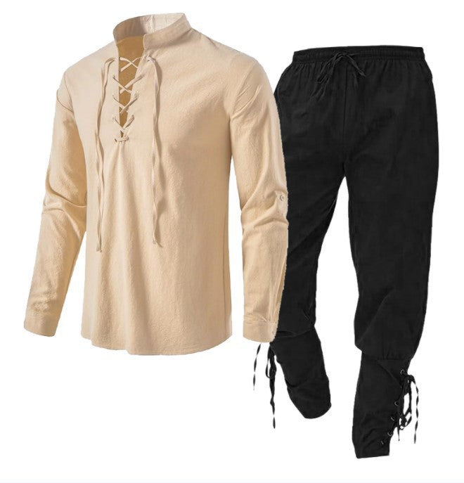 Men's Long Sleeve Linen Cotton Shirt Casual Solid Color Two-Piece Set