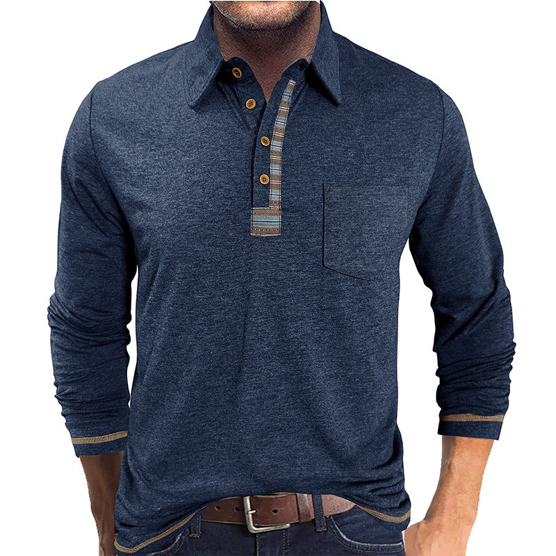 Men's Button-down Collar Colored Cotton Long Sleeve Polo Shirt
