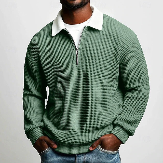 Men's Solid-Color Waffle-Weave Long-Sleeve Lapel Zip-Up Shirt