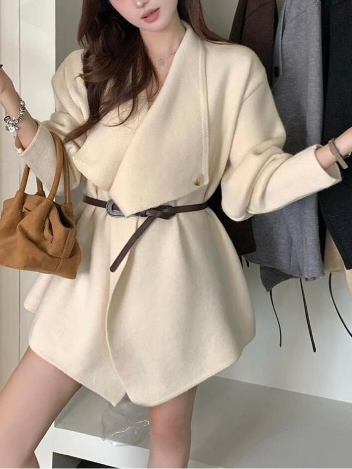 Irregular Lapel Mid-length Knitted Cardigan Casual Laid-back Style