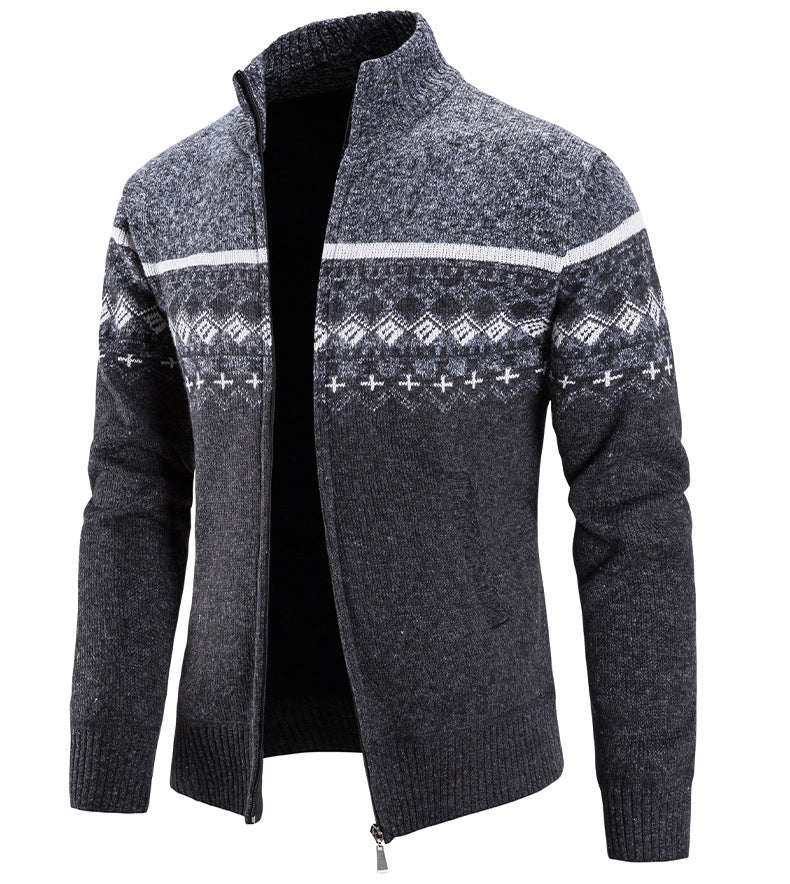 Velvet Thickening Sweater Men's Stand Collar Assorted Colors Retro Jacquard Knitted Cardigan
